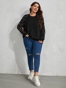 SHEIN LUNE 大碼愛心圖案插肩袖運動衫 - 黑色 - 查看 5