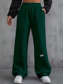 SHEIN EZwear 字母貼布細節斜插口袋衛褲 - 墨綠色 - 查看 1