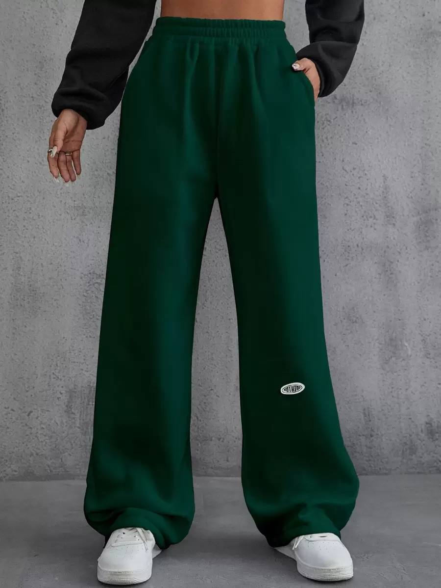 SHEIN EZwear 字母貼布細節斜插口袋衛褲 - 墨綠色 - 查看 1