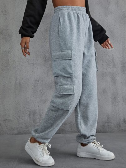 SHEIN EZwear 側翻蓋口袋素色衛褲