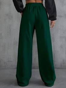 SHEIN EZwear 字母貼布細節斜插口袋衛褲 - 墨綠色 - 查看 2