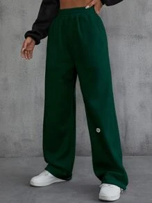 SHEIN EZwear 字母貼布細節斜插口袋衛褲 - 墨綠色 - 查看 3