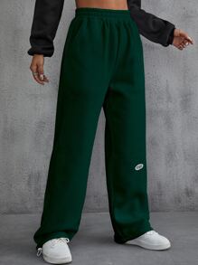 SHEIN EZwear 字母貼布細節斜插口袋衛褲 - 墨綠色 - 查看 4