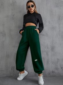 SHEIN EZwear 字母貼布細節斜插口袋衛褲 - 墨綠色 - 查看 5