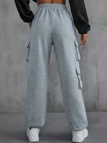 SHEIN EZwear 側翻蓋口袋素色衛褲 - 灰色 - 查看 2