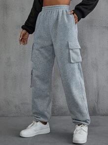 SHEIN EZwear 側翻蓋口袋素色衛褲 - 灰色 - 查看 3