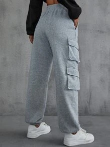 SHEIN EZwear 側翻蓋口袋素色衛褲 - 灰色 - 查看 4