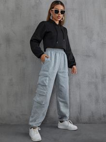 SHEIN EZwear 側翻蓋口袋素色衛褲 - 灰色 - 查看 5