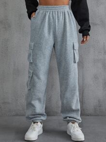 SHEIN EZwear 側翻蓋口袋素色衛褲 - 灰色 - 查看 6