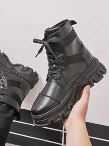 Men Metal Decor Lace-up Front Combat Boots - Black - View 1