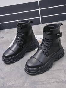 Men Metal Decor Lace-up Front Combat Boots - Black - View 2