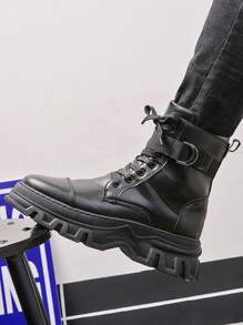 Men Metal Decor Lace-up Front Combat Boots - Black - View 3
