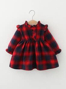 嬰兒格紋褶邊荷葉袖連衣裙 - 彩色 - 查看 1