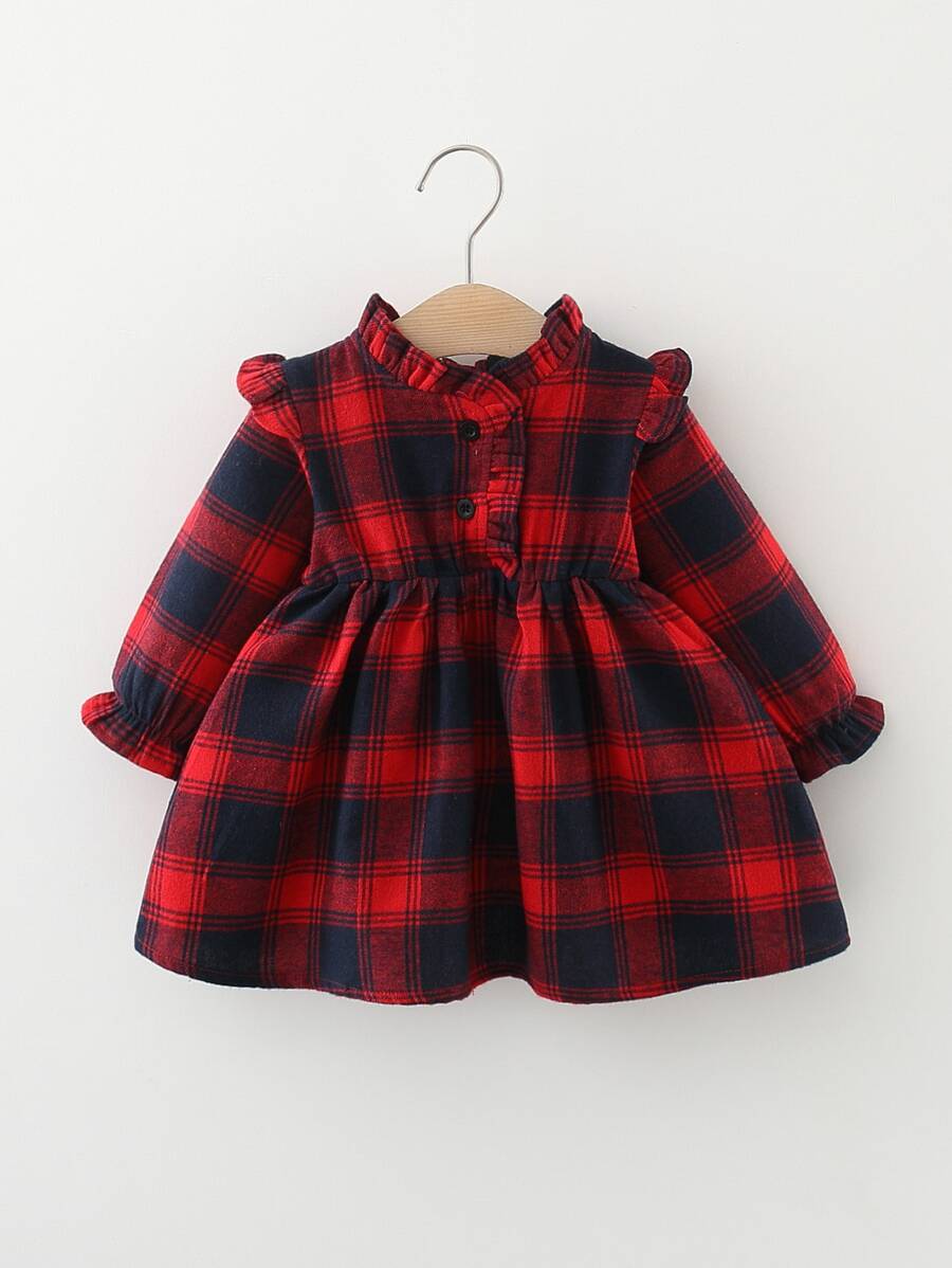 嬰兒格紋褶邊荷葉袖連衣裙 - 彩色 - 查看 1