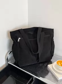灯芯绒简约单肩手提包多功能购物袋挎包适合学生、上班族 - 黑色 - 查看 1