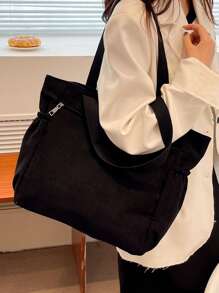 灯芯绒简约单肩手提包多功能购物袋挎包适合学生、上班族 - 黑色 - 查看 3