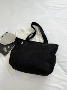 灯芯绒简约单肩手提包多功能购物袋挎包适合学生、上班族 - 黑色 - 查看 4