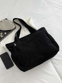 灯芯绒简约单肩手提包多功能购物袋挎包适合学生、上班族 - 黑色 - 查看 5