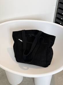 灯芯绒简约单肩手提包多功能购物袋挎包适合学生、上班族 - 黑色 - 查看 6