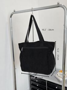 灯芯绒简约单肩手提包多功能购物袋挎包适合学生、上班族 - 黑色 - 查看 7