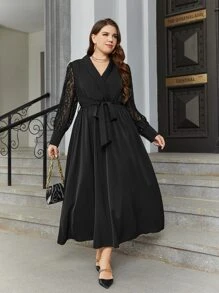 Modelyn Plus Lace Insert Shawl Collar Wrap Belted Dress - Black - View 1