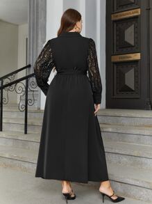 Modelyn Plus Lace Insert Shawl Collar Wrap Belted Dress - Black - View 2