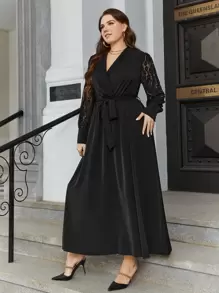 Modelyn Plus Lace Insert Shawl Collar Wrap Belted Dress - Black - View 3
