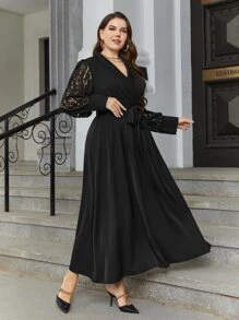 Modelyn Plus Lace Insert Shawl Collar Wrap Belted Dress - Black - View 4