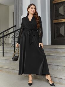Modelyn Plus Lace Insert Shawl Collar Wrap Belted Dress - Black - View 5