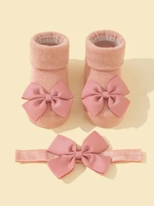 1pair Baby Bow Decor Socks & 1pc Headband - Pink - View 1