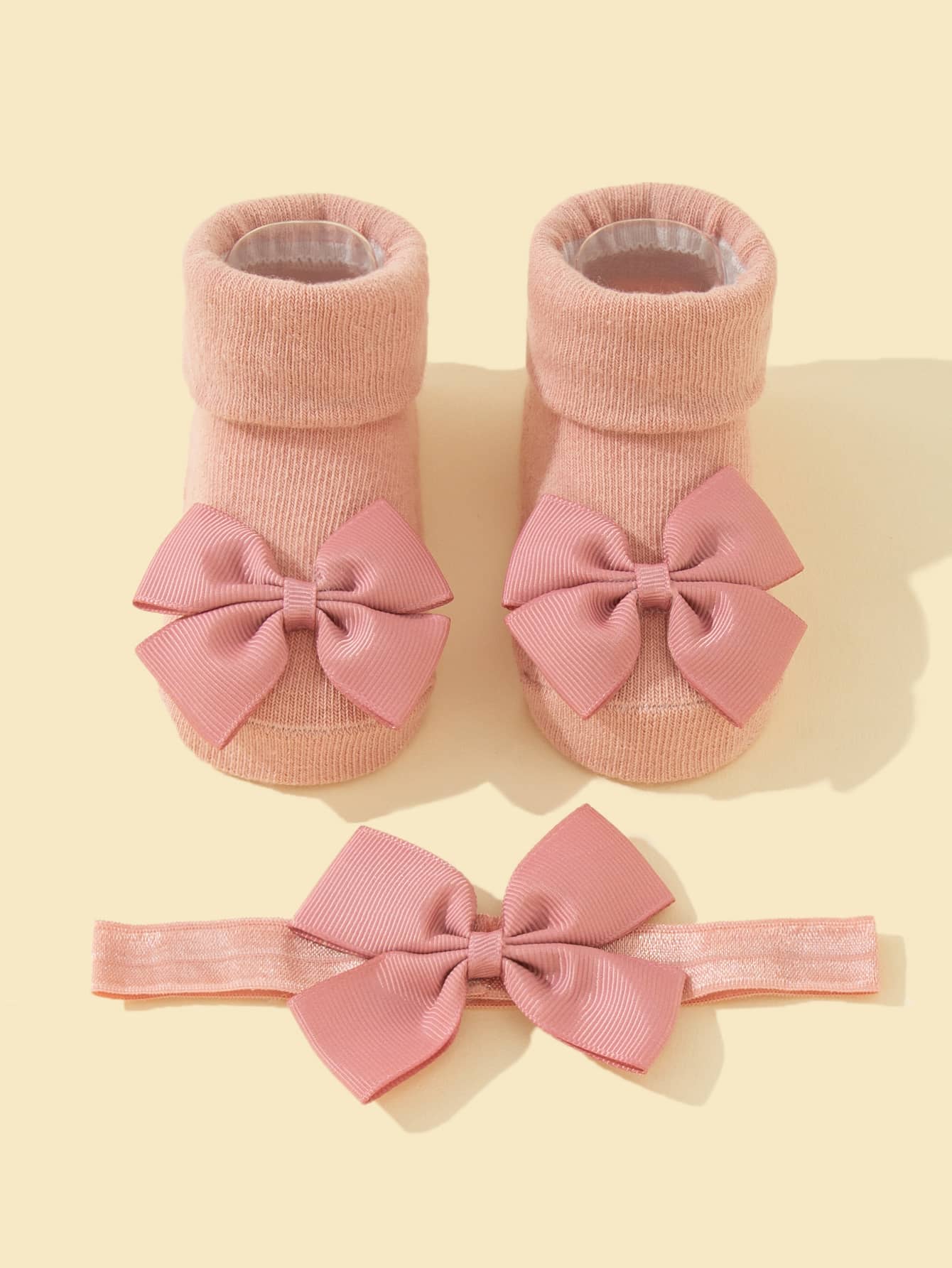 1pair Baby Bow Decor Socks & 1pc Headband - Pink - View 1
