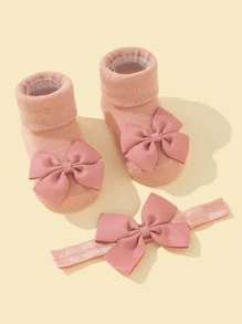 1pair Baby Bow Decor Socks & 1pc Headband - Pink - View 2