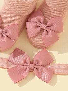 1pair Baby Bow Decor Socks & 1pc Headband - Pink - View 3