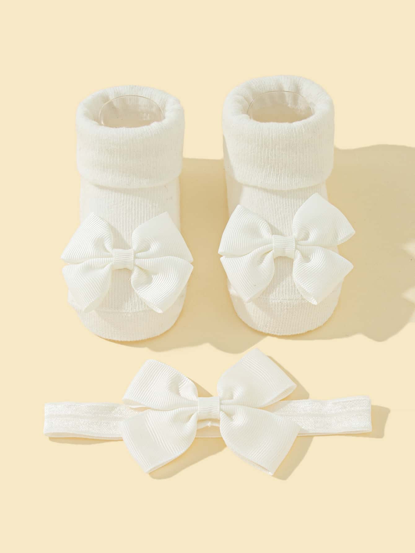 1pair Baby Bow Decor Socks & 1pc Headband - White - View 1