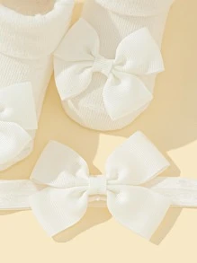 1pair Baby Bow Decor Socks & 1pc Headband - White - View 3