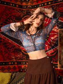 ROMWE 佩斯利印花荷葉邊上衣 - 藍色 - 查看 3