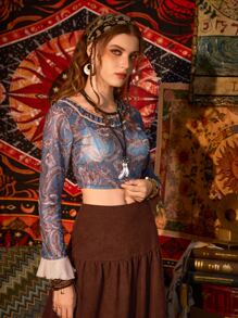 ROMWE 佩斯利印花荷葉邊上衣 - 藍色 - 查看 4