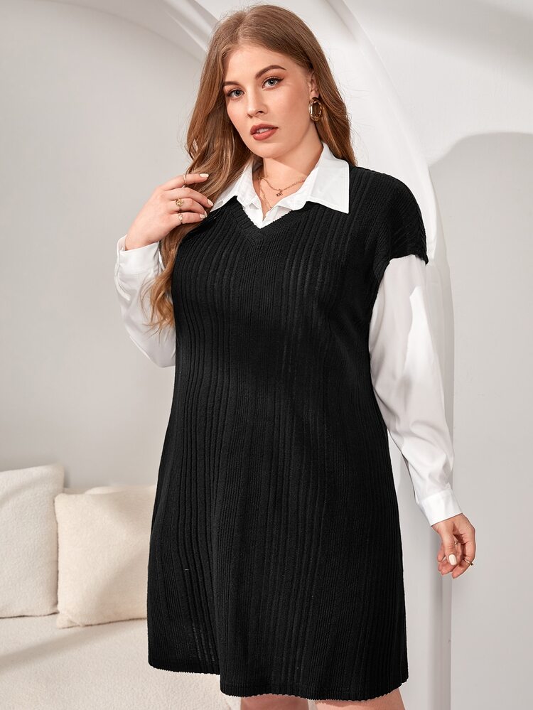 SHEIN Essnce Plus Shirt and Ribbed Knit Dress - Black and White - View 4
