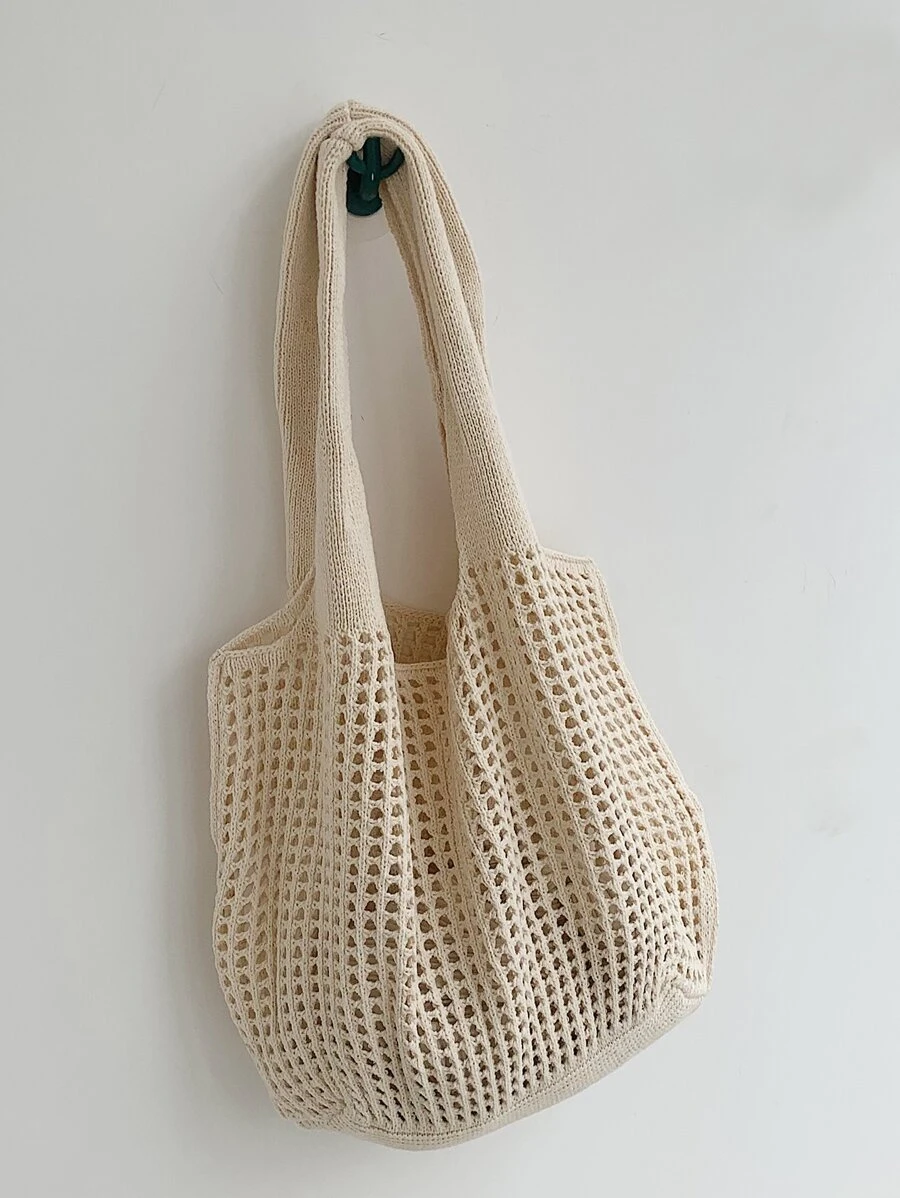 Hollow Out Double Handle Crochet Bag - Beige - View 1