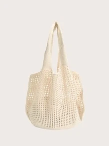 Hollow Out Double Handle Crochet Bag - Beige - View 2