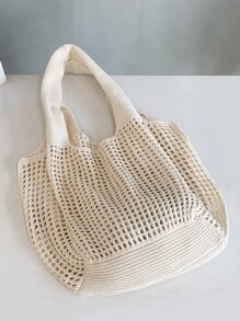 Hollow Out Double Handle Crochet Bag - Beige - View 5