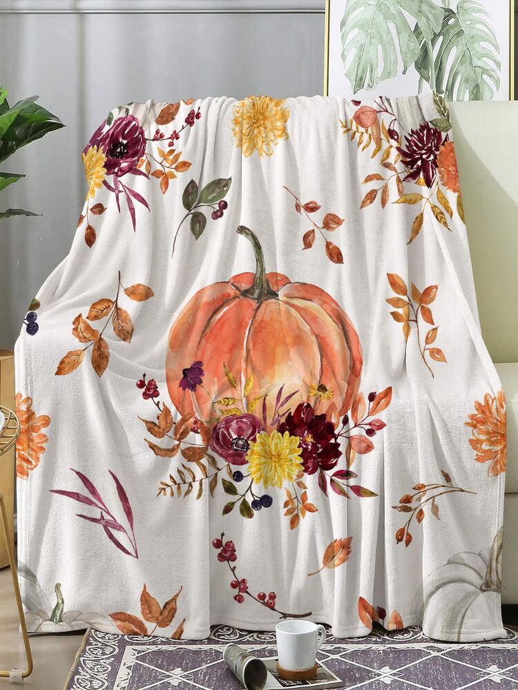 1pc Pumpkin & Flower Pattern Blanket - Multicolor - View 2
