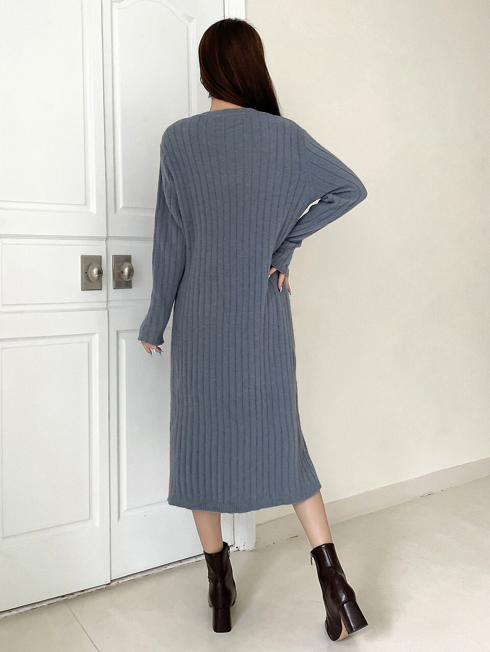 Ribbed Knit Button Through Sweater Dress