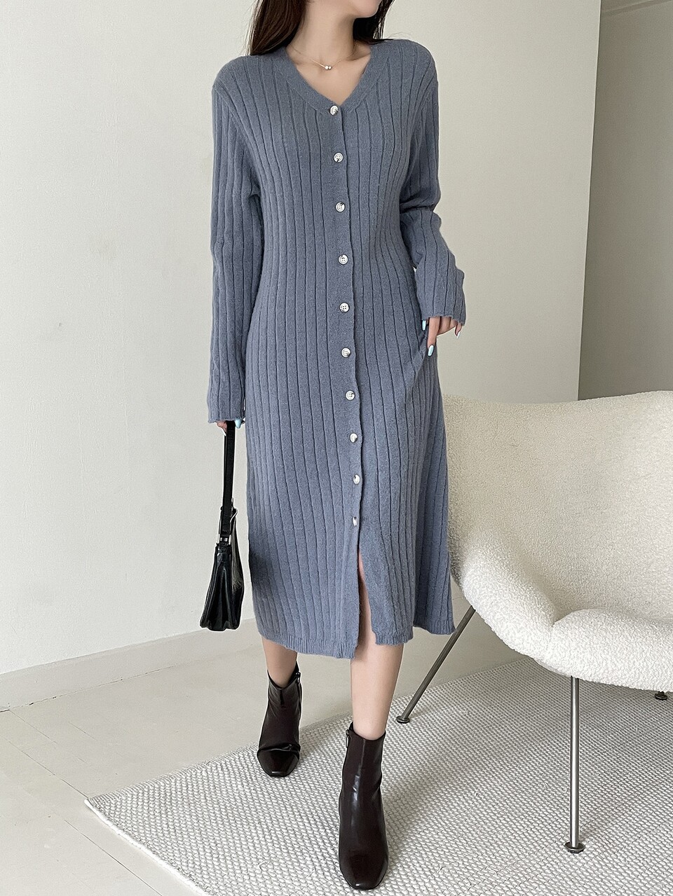 Ribbed Knit Button Through Sweater Dress
