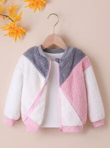 SHEIN Toddler Girls Colour Block Teddy Bomber Jacket - Multicolor - View 1