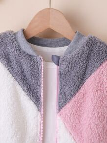 SHEIN Toddler Girls Colour Block Teddy Bomber Jacket - Multicolor - View 4
