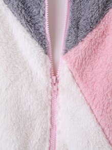 SHEIN Toddler Girls Colour Block Teddy Bomber Jacket - Multicolor - View 5