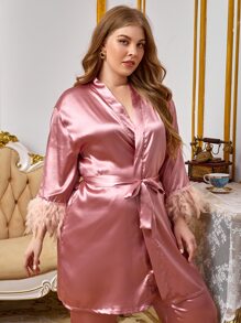 Bata ribete lanudo con cinturón de satén & Pantalones de dormir - Rosa vieja - Ver 3