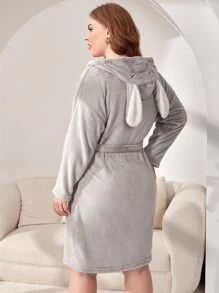 Bata con doble bolsillo con diseño de oreja 3D con capucha con cinturón de franela - Gris Claro - Ver 2