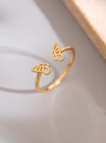 蝴蝶裝飾開口戒指 - 金黃色 - 查看 2